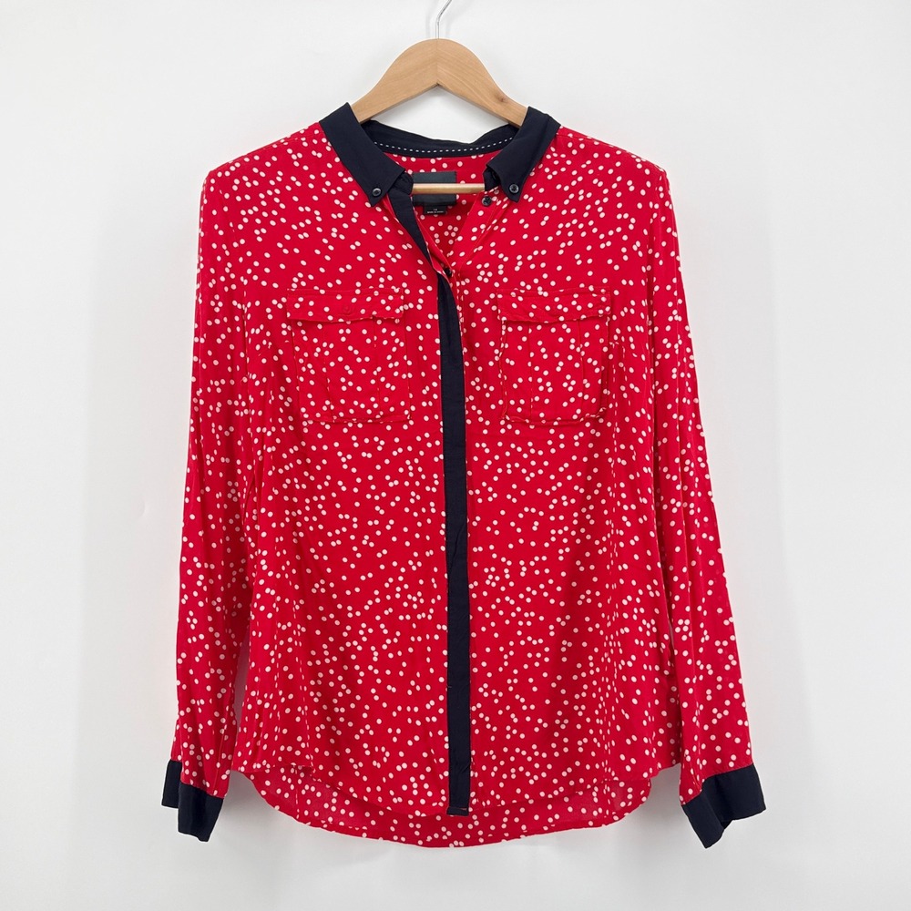Maeve Anthropologie Bagatelle‎ Red Polka Dot Long Sleeve Button Down Blouse 10